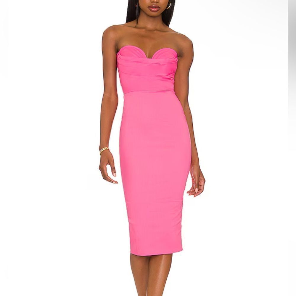 More To Come Sophia Midi Dress pink strapless sheath stretch Revolve new